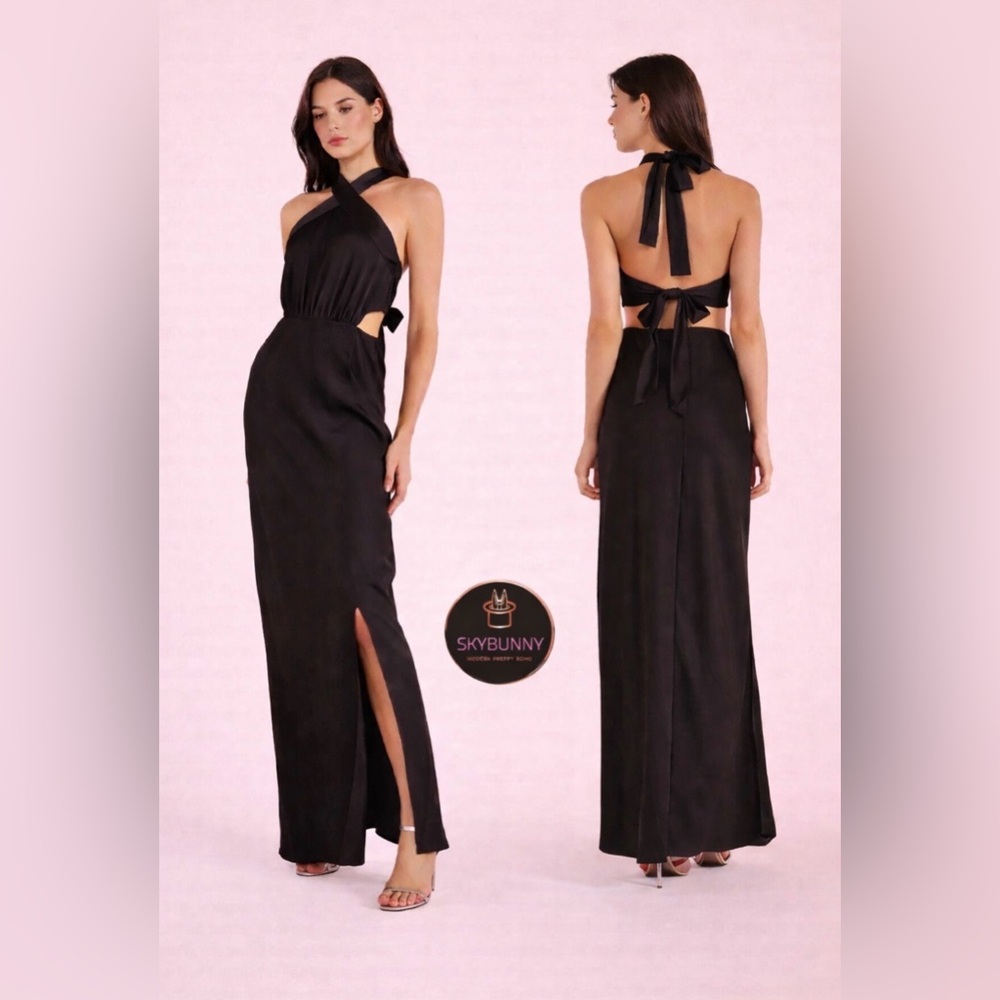 MINKPINK Black Long Dress Large Satin Silky Halter Tie Back Neck W Slit NEW $180
